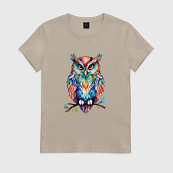 Футболка хлопковая женская Цветастая сова, цвет: миндальный