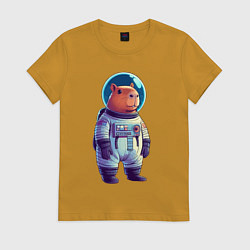 Футболка хлопковая женская Капибара бравый космонавт, цвет: горчичный