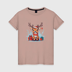 Женская футболка Новогодний олень в зимнем лесу
