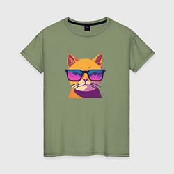 Футболка хлопковая женская Кот в стильных очках, цвет: авокадо