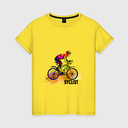 Футболка хлопковая женская Велосипедист спортсмен, цвет: желтый