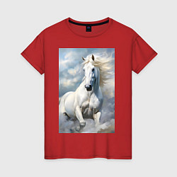 Футболка хлопковая женская Белая лошадь на фоне неба, цвет: красный