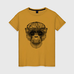 Футболка хлопковая женская Шимпанзе в кепке и очках, цвет: горчичный