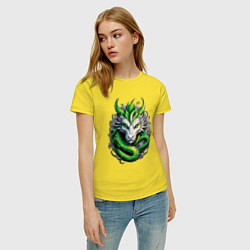 Футболка хлопковая женская Зеленый дракон символ 2024 года, цвет: желтый — фото 2