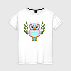 Женская футболка Сова яркая птица на ветке с листьями