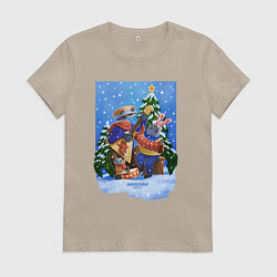 Футболка хлопковая женская Кибердеревня роботы новый год, цвет: миндальный