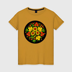 Женская футболка Хохломская роспись цветы и ягоды в чёрном круге