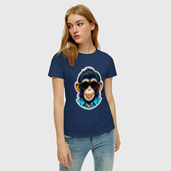 Футболка хлопковая женская Портрет обезьяны в темных очках, цвет: тёмно-синий — фото 2