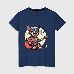 Женская футболка Забавный полосатый кот играет на гитаре