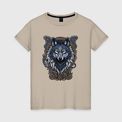 Женская футболка Волк талисман в славянском орнаменте