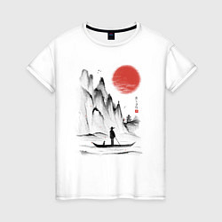 Женская футболка Традиционный японский пейзаж с рыбаком и горами