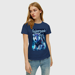 Футболка хлопковая женская Белый медвежонок в стиле киберпанк, цвет: тёмно-синий — фото 2
