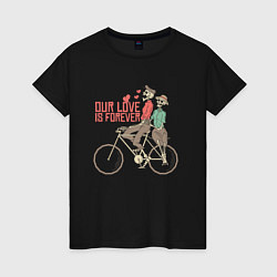 Футболка хлопковая женская Влюбленные скелетики на велосипеде, цвет: черный