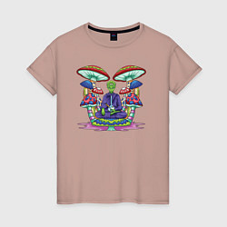 Женская футболка Медитирующий инопланетянин среди грибов