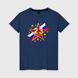 Женская футболка На фоне звезды и триколора надпись 23 февраля