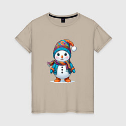Женская футболка Снеговик в шапочке и с шарфом