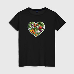 Футболка хлопковая женская Сердце из овощей, цвет: черный