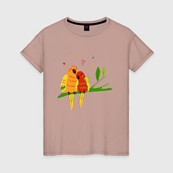 Женская футболка Пара влюбленных попугаев на ветке