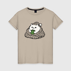 Женская футболка Укутанный котик с горячим чаем