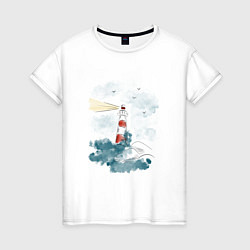 Женская футболка Маяк и волны - акварель