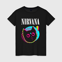 Футболка хлопковая женская Nirvana rock star cat, цвет: черный