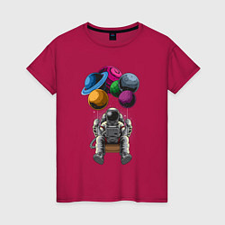 Футболка хлопковая женская Космонавт на воздушных шарах, цвет: маджента