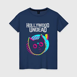 Футболка хлопковая женская Hollywood Undead rock star cat, цвет: тёмно-синий
