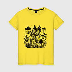 Женская футболка Летящий попугай и растения