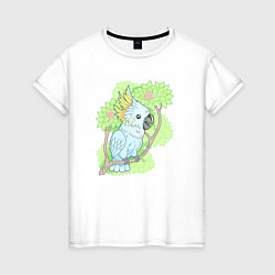 Футболка хлопковая женская Забавный попугай какаду, цвет: белый