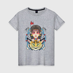 Женская футболка Девушка индеец и рысь