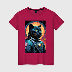 Футболка хлопковая женская Пантера бравый космонавт - нейросеть, цвет: маджента