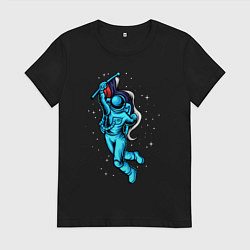 Футболка хлопковая женская Космонавт с флагом в руке, цвет: черный