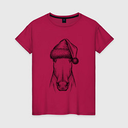 Футболка хлопковая женская Новогодняя лошадь, цвет: маджента