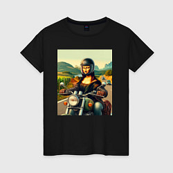 Футболка хлопковая женская Mona Lisa on a motorcycle - ai art, цвет: черный