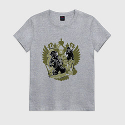 Женская футболка Герб России и воины на оливковом фоне