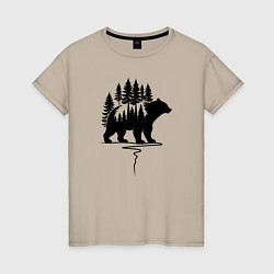 Футболка хлопковая женская Медведь силуэт и деревья, цвет: миндальный