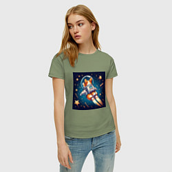 Футболка хлопковая женская Реактивный корги в космосе, цвет: авокадо — фото 2