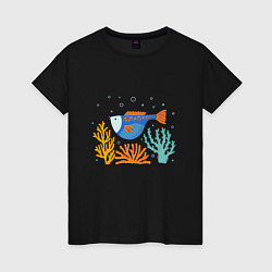 Футболка хлопковая женская Рыбка в кораллах, цвет: черный