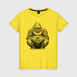 Футболка хлопковая женская Новогодняя горилла на корточках, цвет: желтый