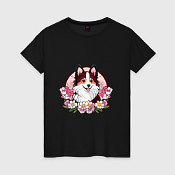 Женская футболка Колли среди цветов сакуры