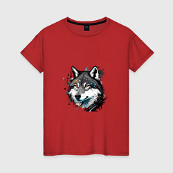 Женская футболка Портрет волка с брызгами краски