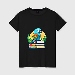 Футболка хлопковая женская Попугай на стопке книг, цвет: черный