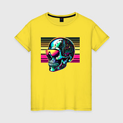 Футболка хлопковая женская Cyber skull - fantasy ai art, цвет: желтый