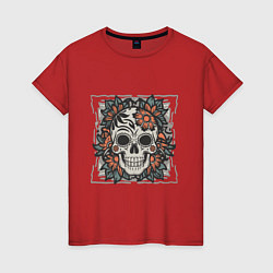 Женская футболка Ретро татуировка с цветами и черепом