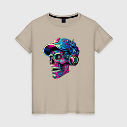 Женская футболка Кибер череп чувак в наушниках - нейросеть