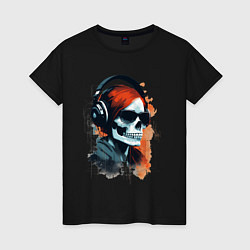 Футболка хлопковая женская Grunge redhead girl skull, цвет: черный