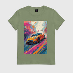 Женская футболка Nissan GT-R дрифт в городе