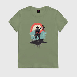 Футболка хлопковая женская Силуэт самурая на закате, цвет: авокадо