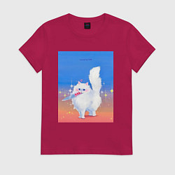 Футболка хлопковая женская Кошечка с ножом на пределе, цвет: маджента