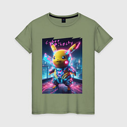 Женская футболка Cyber Pikachu - neon glow ai art fantasy